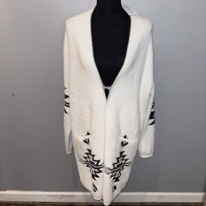 VENARIO CLAUDIA LONG CARDIGAN Off White Black Aztec Design Southwestern Size L